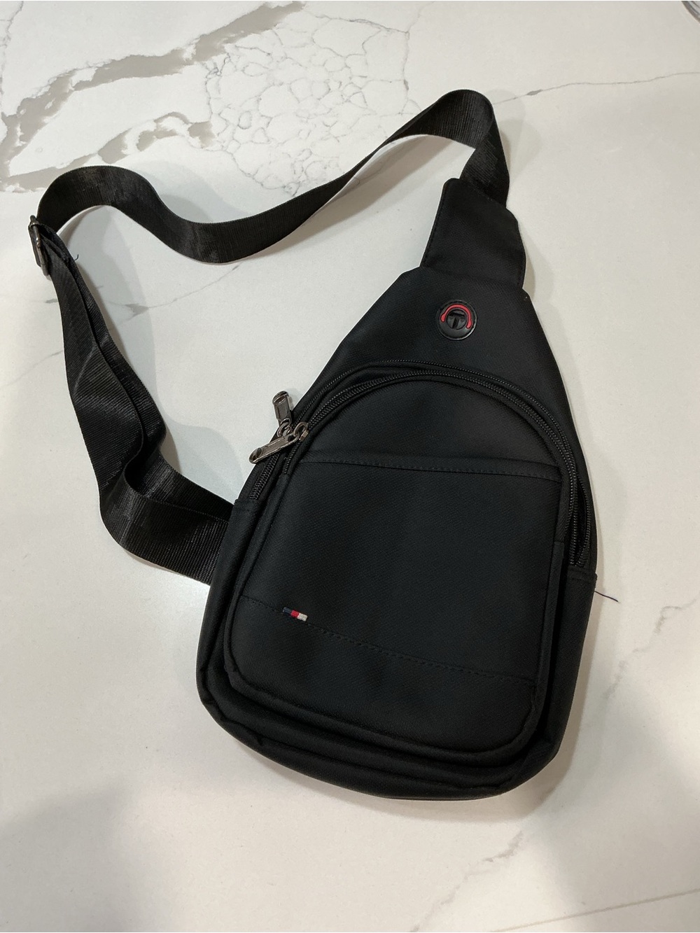 Tommy Hilfiger Black Sling Belt Bag with Red-Accented Logo